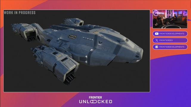 Ein Screenshot aus einem Livestream "Frontier Unlocked" des Spieleentwicklungsunternehmens Frontier Developments, welcher ein neues Raumschiff für das Computerspiel "Elite Dangerous" zeigt. Es handelt sich um die "Panther Clipper Mk. II", das bisher größte Schiff im Spiel.