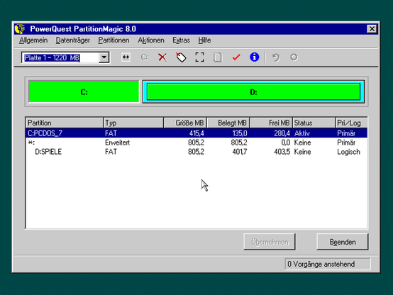 Partition Magic 8.0 mit 1220MB Festplatte