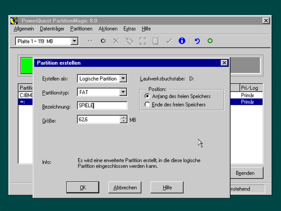 Partition Magic 8.0 mit 119MB Festplatte