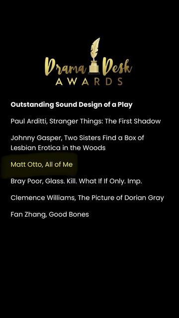 Drama Desk Awards 

Outstanding Sound Design of a Play 
Paul Arditti, Stranger Things: The First Shadow Johnny Gasper, Two Sisters Find a Box of Lesbian Erotica in the Woods
Matt Otto, All of Me
Bray Poor, Glass. Kill. What If If Only. Imp.
Clemence Williams, The Picture of Dorian Gray
Fan Zhang, Good Bones