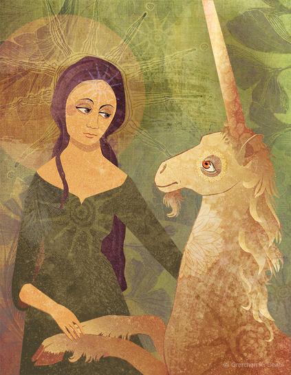 Standing next to a golden unicorn with her arm outstretched, a young woman dressed in an olive gown, gazes into its glowing orange eyes. Golden hued patterns of ginkgo leaves and stars accented by green and orange layer the background. NOTE: This description created especially for my lovely blind friend, Georgiana. :-)