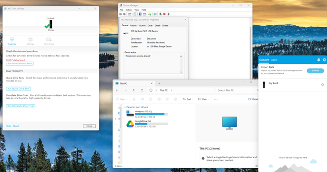 A screenshot of my Windows device, showing the status of my WD Book in WD Discovery, WD Drive Utilities, Device Manager, and the lack thereof in my explorer.