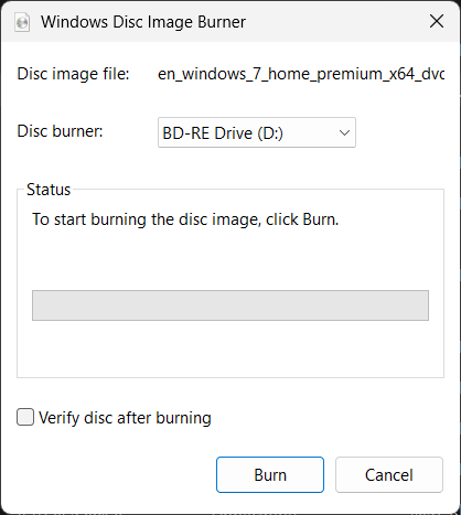 Windows Disc Image Burner screenshot set up to burn a Windows 7 Home Premium DVD to a Blu-ray writer drive.