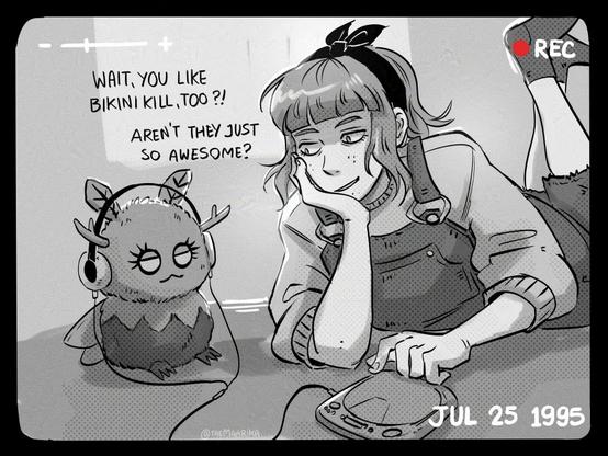 Lost Records: Bloom and Rage fanart of Kat and Mothgirl. Mothgirl is wearing Kat's headphones and Kat is saying "Wait, you like Bikini Kill, too?! Aren't they just so awesome?"