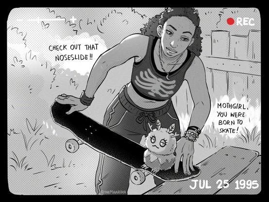 Lost Records: Bloom and Rage fanart of Autumn and Mothgirl. Mothgirl is on a skateboard doing a sick noseslide on the edge of picnic table. Autumn says "Check out that Noseslide!! Mothgirl, you were born to skate!"