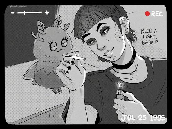 Lost Records: Bloom and Rage fanart of Nora and Mothgirl. Nora is holding a cigarette up to Mothgirl's face and holding a lighter in her other hand, she says, "Need a light, babe?"
