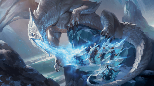 Official DnD artwork, featuring a white dragon freezing a group of adventurers with its ice breath.