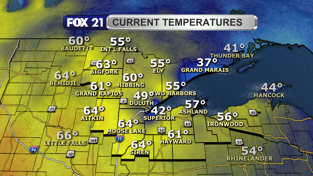 Temperatures in the Northland just after 1 p.m. on April 30, 2025, range from 37 to 64 degrees Fahrenheit.  The coolest readings are in the Twin Ports and Arrowhead regions.