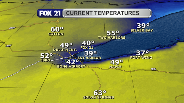 Taking a closer look at communities near the western tip of Lake Superior and their temperatures just after 1 p.m. on April 30, 2025, and you can see the power of the lake and the lake breeze.  A few spots are in the upper 30s and low 40s right next to the shoreline, but go a few miles inland and you are back in the upper 40s and 50s, with low 60s being recorded at least 20 miles away from the lake.