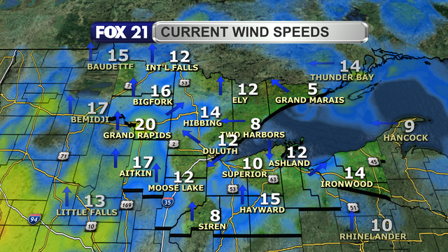 Wind speeds in the Northland just after 1 p.m. on April 30, 2025, range from 5 to 20 mph.  Wind direction is primarily from the south and southeast.  There is a lake breeze being observed next to Lake Superior.