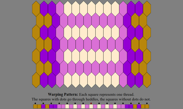 An Inkle weaving diagram and warping pattern in the color sequence listed in the text description: The warping pattern is a line of colored boxes with small dots above every other one, above which it states: "Warping Pattern: Each square represents one thread. The squares with dots go through heddles, the squares without dots do not." The weaving diagram is a series of tessellated lozenge shaped tiles illustrating how the pattern will appear when woven.