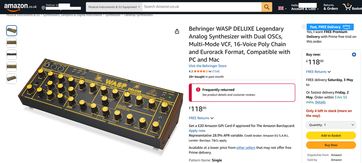 image of a Behringer Wasp synth on amazon listing