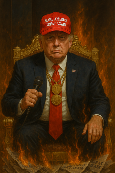 A digitally painted, realistic portrait of Donald Trump shows him sitting frontally on a magnificent golden throne. He is wearing a dark blue suit with a red tie, a US flag pin on his lapel and two oversized gold medals around his neck. On his head is his iconic red baseball cap with the white inscription "MAKE AMERICA GREAT AGAIN". In his right hand he holds a black microphone, while his left hand rests calmly on the armrest. The background is filled with blazing flames and smoke, creating a dramatic, almost apocalyptic atmosphere. The throne appears to be standing on newspapers, the pages of which are engulfed in flames on the floor - individual words such as "AGAIN" can still be read on them. Trump's facial expression is serious, tense and authoritarian. The composition of the image combines classical symbolism with modern political iconography and focuses on power, staging and self-presentation.
