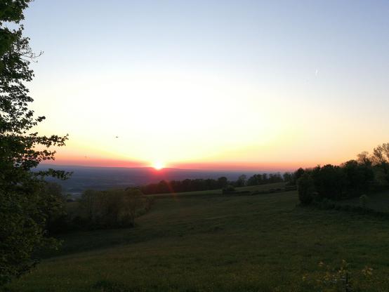 Un coucher de soleil. Au premier plan, un grand pré bien vert parsemé de petites fleurs. Le pré est bordé d'une haie sur sa droite, qui devient une bordée d'arbres feuillus par la suite. Il y a un petit bosquet sur la gauche, au milieu à peu près. Puis on devine un doux dénivelé et on aperçoit en contrebas une vallée, et en face une ligne de monts pas très très hauts. Le soleil se couche derrière ces monts, il est rosé et la ligne d'horizon aussi.