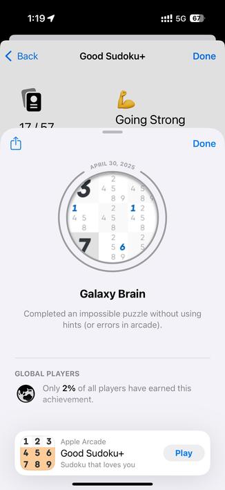 Screenshot of an advanced accomplishment of Apple Arcade Good Soduko  in Apple
Game Center