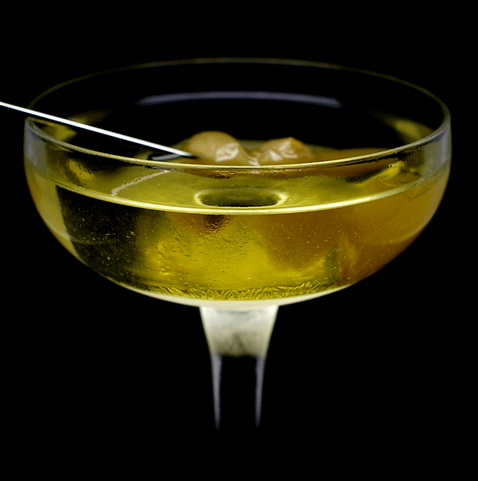 The cocktail itself in a chilled coupe and garnish with 3 cocktail onions