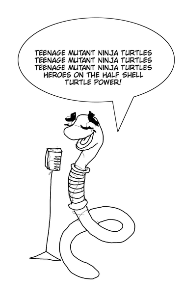 An "earworm" singing the opening lyrics to the 80s TMNT theme tune for the #songsthatgetstuckinyourhead prompt at #sketchdaily