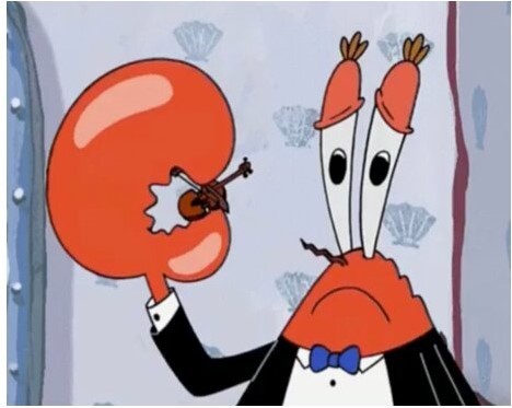 Mr. Krabbs, the crab character from "Spongebob Squarepants," wearing a tuxedo and holding a very tiny violin.