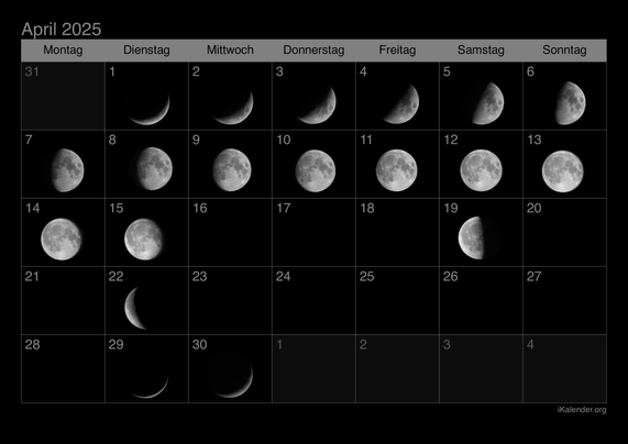Kalenderblatt vom April 2025 in schwarz mit den Feldern vom 1. bis zum 15., vom 19. und 22., und vom 29. und vom 30. mit Bildern der jeweiligen Mondphase in der Nacht gefüllt