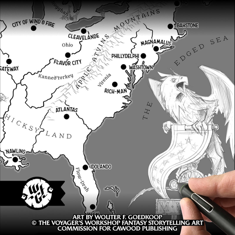 Closeup on the world map of Murka, with a focus on a banner standard with a Freedom Dragon perched atop.