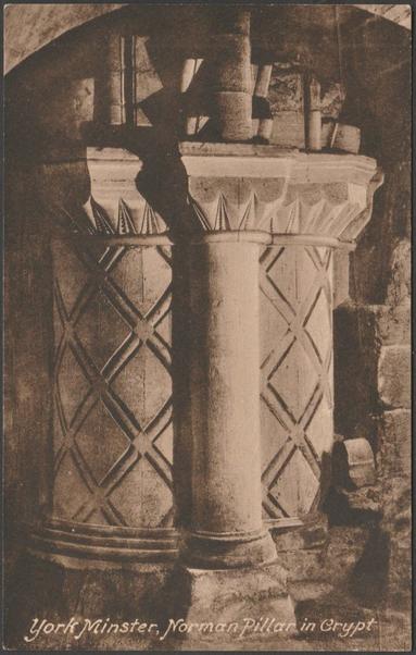 Printed sepia postcard showing a view of the Norman pillar in the crypt of York Minster.

Published by F. Frith & Co Ltd, Reigate, No 18428, photo registered in c.1885, produced c.1920.

Postally unused.

Very good condition, with very slight corner bumps.