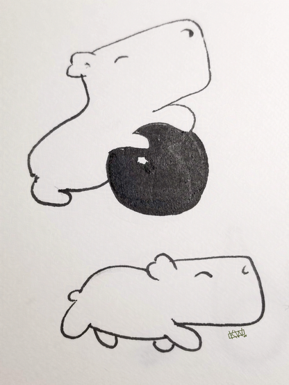 Ink drawing of 2 capybaras playing with a ball almost as big as they are.