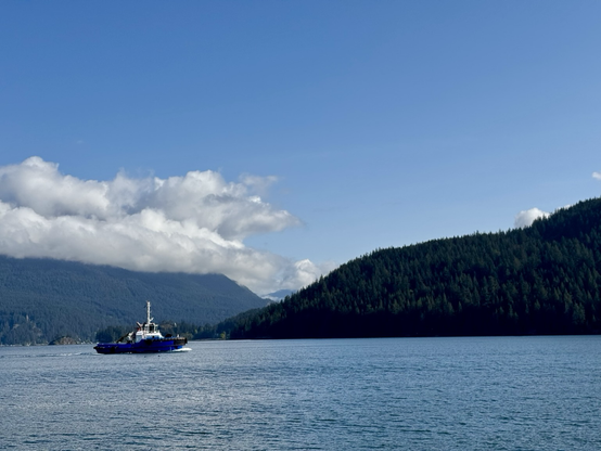 Looking across an ocean inlet at a tugboat going by. There are green mountains in the background. The sky is blue with puffy white clouds.
