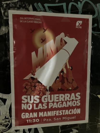 Cartel del 1° de Mayo del PCTE llamando a la manifestación en Zaragoza a las 11:30 en la Plaza San Miguel bajo el lema “Sus Guerras No Las Pagamos”.