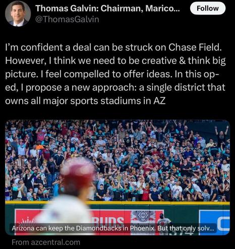 Tom Galvin’s thoughts on Chase Field being part of a bigger picture. Maybe the district as a Coyotes 2.0 option?