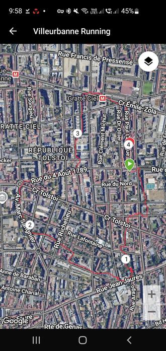 itinerary over satellite map of our traditional run around Villeurbanne center
