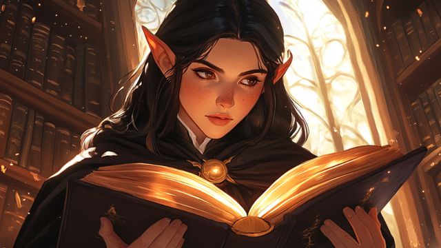 DnD artwork featuring a young female elf sage reading from a compendium in a library.
