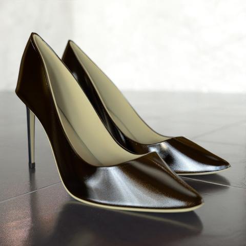 3D rendering of a pair of women's black leather high-heeled shoes.