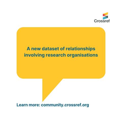 Graphic with yellow call out with words that read "A new dataset of relationships involving research organisations. Below: Learn More: community.crossref.org