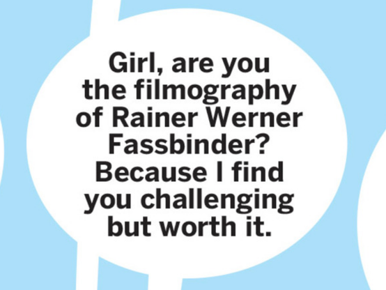 Girl, are you the filmography of Rainer Werner Fassbinder? Because I find you challenging but worth it.