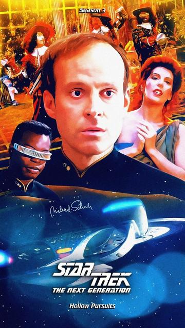 A poster for the Star Trek The Next Generation episode Hollow Pursuits, featuring the face of Reginald Barclay prominently displayed, along with Deanna Trio in a toga, and Geordi looking concerned. Behind then are images of the Three Musketeers, and other fanciful characters.