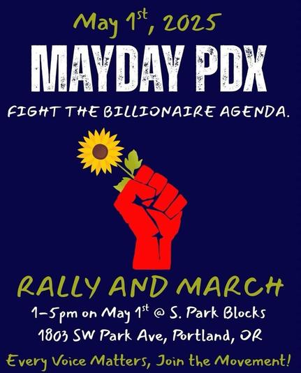 May Day flyer featuring white and yellow info text on marine blue background with illustration in center of raised clenched red hand grasping a sunflower