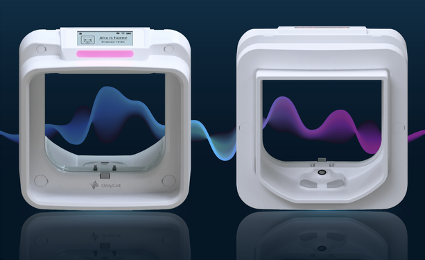 Side-by-side front and back view of the OnlyCat AI cat flap. Both views show a white frame surrounding a smaller glass flap that hinges open/close from the top. The front (indoor) side has a small LCD display on the top that includes the door/cat status - in this case, “Jinx is home” and “Entered at 19:40”. A horizontal light just below the display shows the door’s status, in this case with a pink color. The OnlyCat company name and logo are printed on the bottom of the frame. The back (outdoor) side is plain without a display status, lighting, or branding. A blue-fading-to-purple colored waveform appears in the background indicating OnlyCat’s ability to sense your cat’s unique microchip and control their entry/exit.