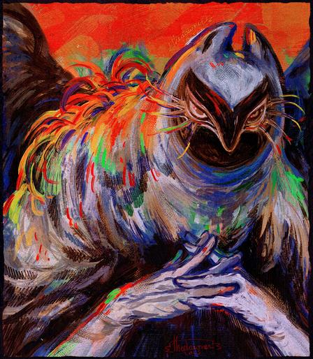 A digital drawing of an avian character appearing to ponder over something.