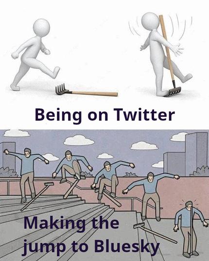 Meme with two panels. Top shows a stick figure stepping on a rake with the caption 'Being on Twitter.' Bottom shows multiple people gracefully jumping over rakes on stairs, captioned 'Making the jump to Bluesky.'