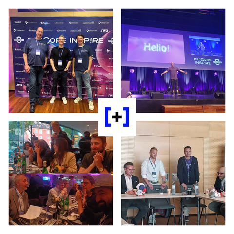 Collage from Pimcore Inspire 2025: +Pluswerk team with Sebastian Maul in front of the sponsor wall, Dietmar Rietsch on stage during the opening keynote, partner dinner in Salzburg, and the Platinum Partner Council session with Pimcore team members. Center: +Pluswerk logo.