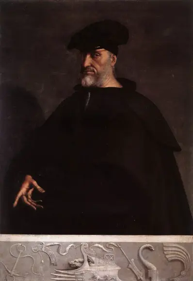 This image appears to be a painting of a man dressed in dark clothing with a cap. He has a beard and is positioned in a way that suggests he is looking toward the viewer. There are also various symbols or objects at the bottom of the image, which might be tools or emblems. The overall composition gives the impression of a formal portrait. If you need specific information or context about the painting, feel free to ask!

Image Credits: Wikimedia / Sebastiano del Piombo / Public domain