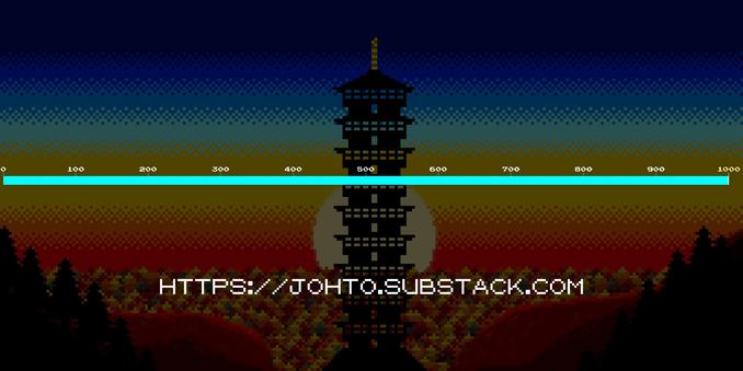Johto Times logo, a pixel art image of the Ecruteak Tin Tower, with a sun setting in the background. There is a bar showing how close we are to our goal of 1000 subscribers (we are currently at 999 at the time of writing!)