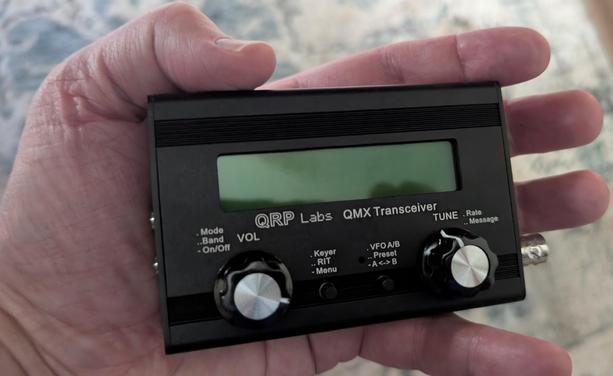 QMX transceiver held in my hand. It fits quite comfortably.