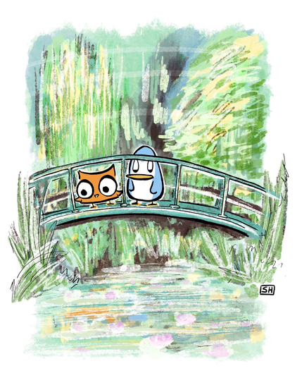 A cartoon Owl and Penguin admiring the view at Monet’s Garden - inspired by Monet’s Japanese Footbridge and Waterlilies paintings