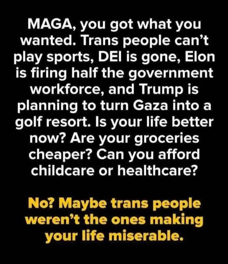 MAGA, you got what you wanted. Trans people can't play sports, DEI is gone, Elon is firing half the government workforce, and Trump is planning to turn Gaza into a golf resort. Is your life better now? Are your groceries cheaper? Can you afford childcare or healthcare? No? Maybe trans people weren't the ones making your life miserable.