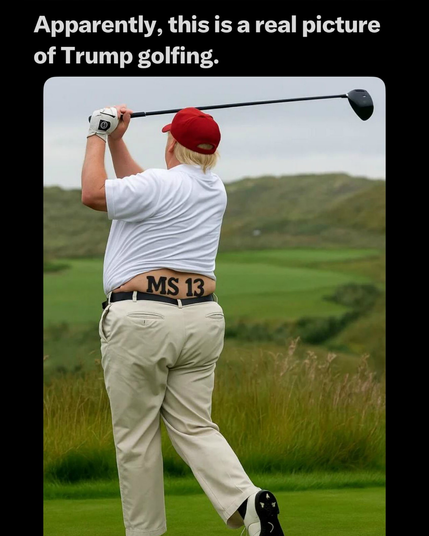 A fat evil monster with a MS 13 tramp stamp in a MAGA hat swings a golf club.