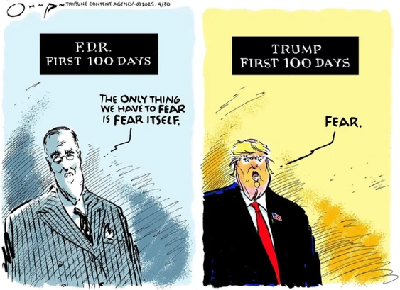 Two panel editorial cartoon. 

Left panel: a drawing of Franklin Roosevelt, with a title "FDR - First 100 Days," and him saying "The only thing we have to fear is fear itself.

Right panel: a drawing of Donald Trump, with a title "Trump - First 100 Days," and him saying "Fear."