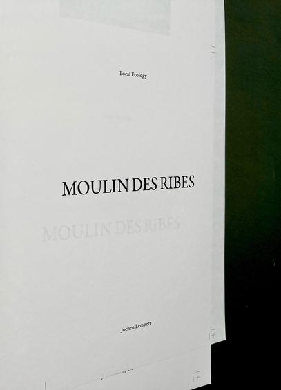 A snapshot from the printer: close up of the first recto sheet zoomed in to show a title page. “Local Ecology”, “Jochen Lempert” at the top/bottom in 10.75pt ATF Garamond Micro (tr +3). In the centre, “MOULIN DES RIBES” in Adobe Garamond Premier Pro Text (!) at 42pt (tr –20).