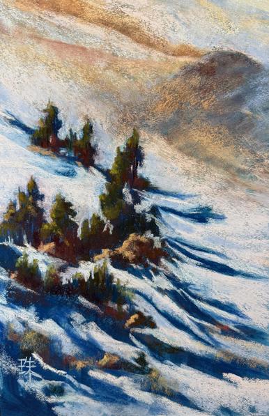 A vertically long pastel landscape painting. Evergreen trees are casting blue shadows on snow.
