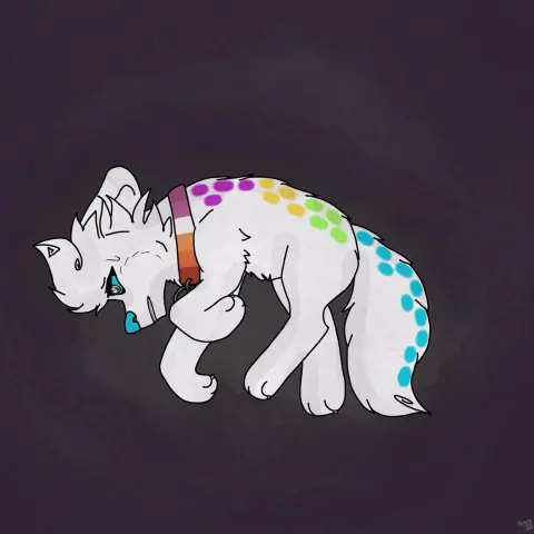 A white wolf with dark pink, yellow, lime green and light blue spots on her back and tail lays on her side. Her eyes are light blue as is her nose and claws. She is wearing a pink, white and orange collar. Her fur on her head appears slicked back. Her expression implies that she’s in pain.